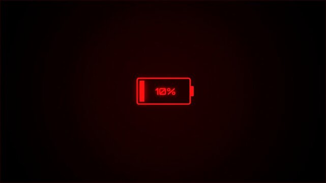 Red glowing low battery icon showing eighteen percent charge on black