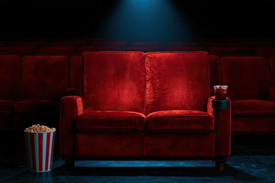 Two plush red seats await in a dark theater with popcorn and drink