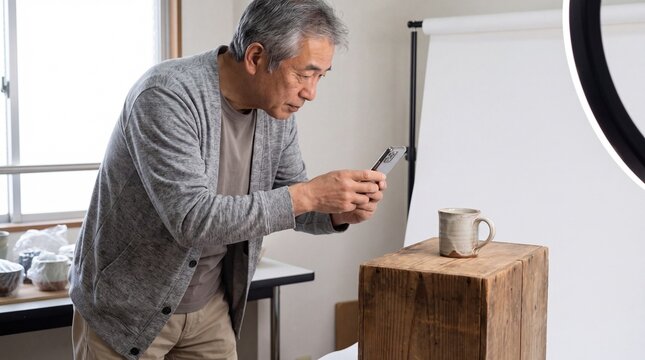 Senior man photographing a product with a phone