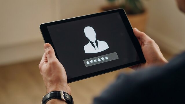 Man's hands holding tablet displaying login screen with password entry for secure account access