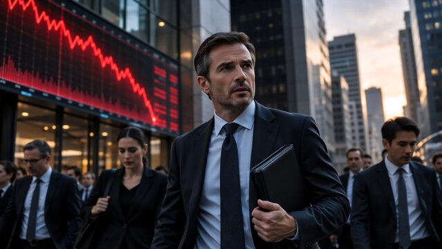 A focused businessman in a dark suit walks through a busy financial district at dusk, clutching a leather portfolio while colleagues pass and a large red declining stock chart glows on a building.