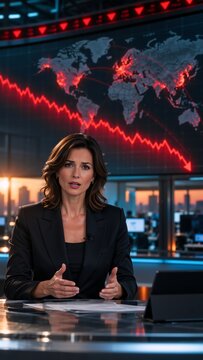 news anchor reporting a global bond market crash in front of a world map graphic, mid-shot with subject in sharp focus and soft uncluttered depth-of-field background, with rich cinematic teal and