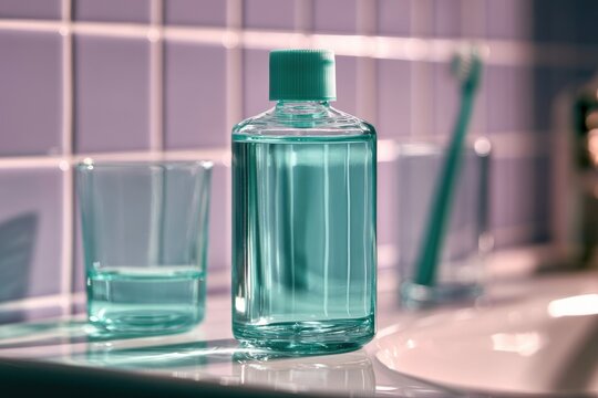 Mouthwash bottle and toothbrush on bathroom counter for oral hygiene routine