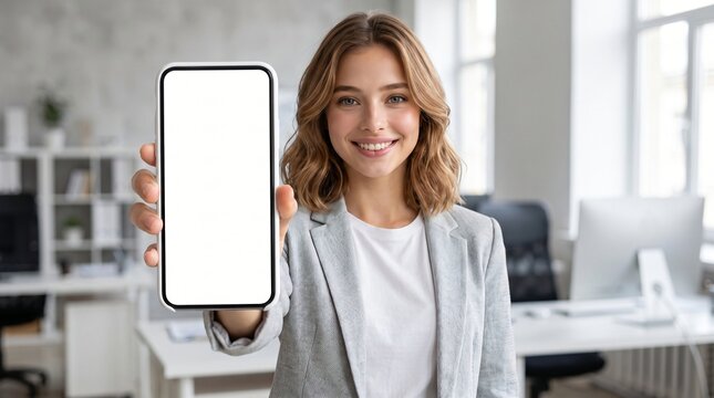 Young smiling business woman holding smartphone with white empty mock up, showing screen to camera, presenting close up phone display with free copy space mobile app in office.