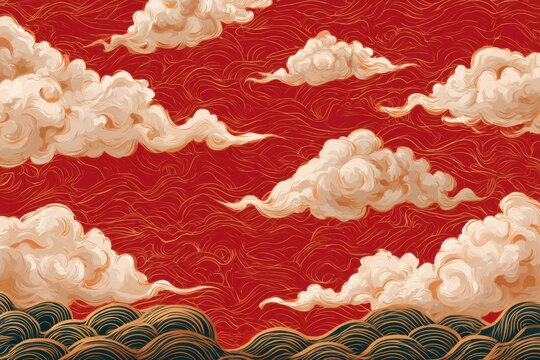 Traditional Asian red background illustration with clouds and wave pattern