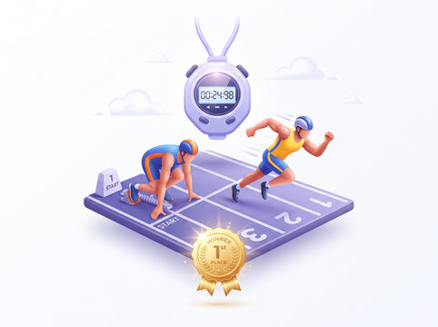 Athletes sprinting on running track with large stopwatch and gold trophy