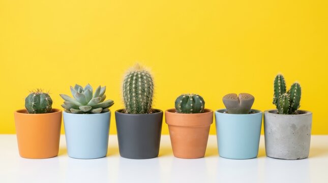 Row of various small succulent plants in colorful pots against a yellow background