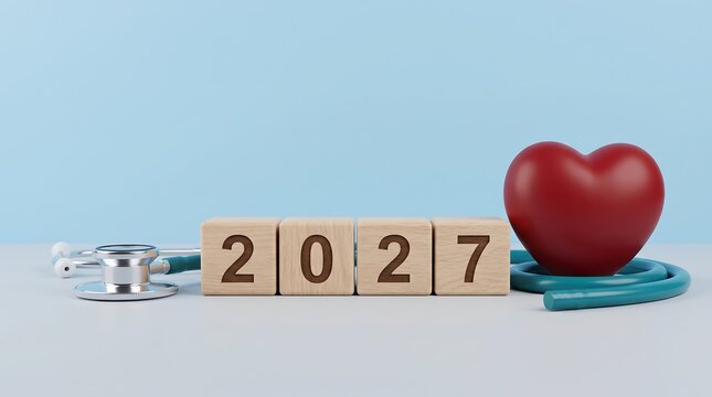 Medical 2027 wooden blocks with stethoscope and red heart on blue background representing annual health planning and awareness.