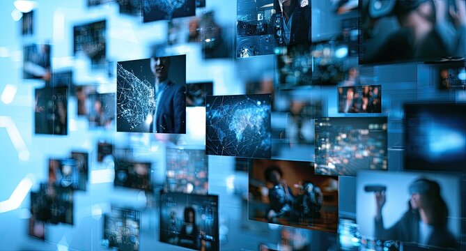 Collage of diverse digital screens showing data, people, and abstract visuals
