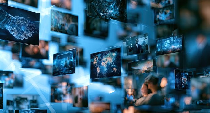 Collage of digital screens displaying global data, business, and technology concepts