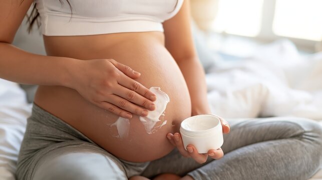 Close-up of pregnant woman applying moisturizer on her belly in a bright bedroom with copy space