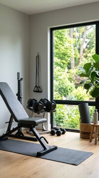 Modern Home Gym Corner With Workout Equipment And Natural View