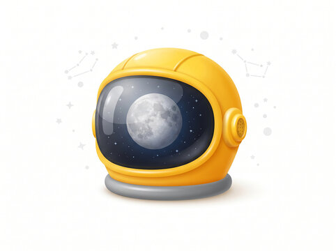 3D yellow astronaut helmet with full moon reflection in the glass visor
