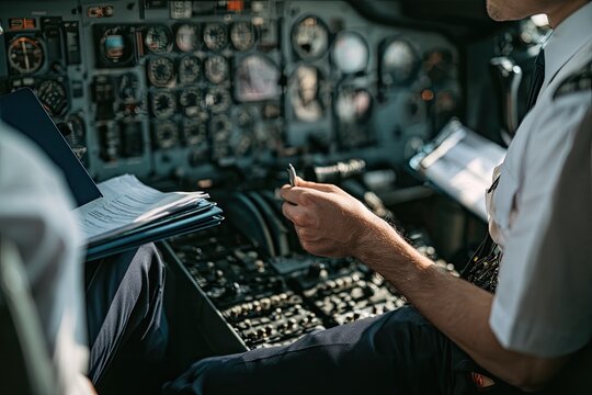 Cockpit, two aviators review flight data