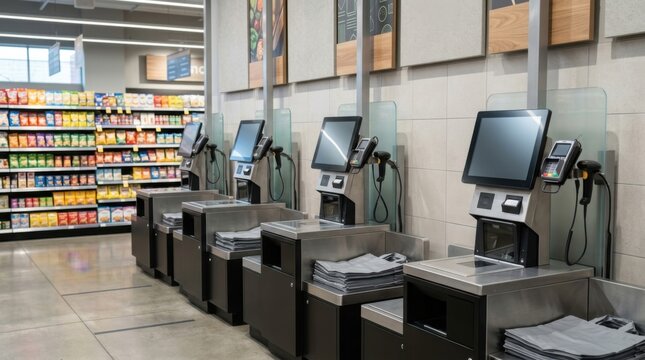 Modern Self-Checkout Kiosks Lined Up in a Retail Store