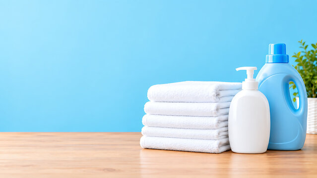 A stack of clean white textiles with soap and fabric softener bottles on a wooden table against a sky-blue background