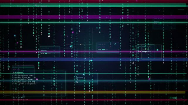 Abstract digital data stream with scrolling binary code and futuristic hud interface elements