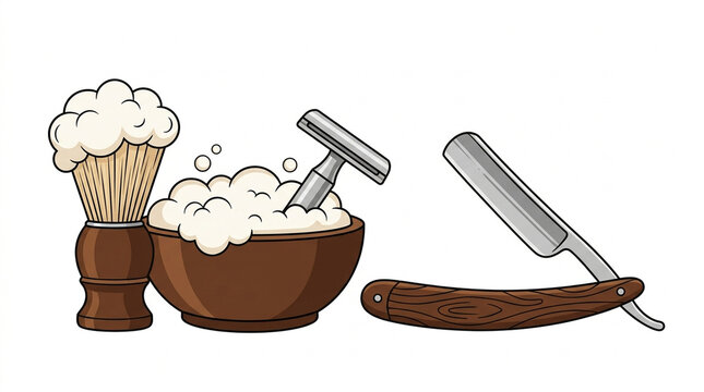 Classic wet shaving kit with straight razor safety razor bowl and foam brush