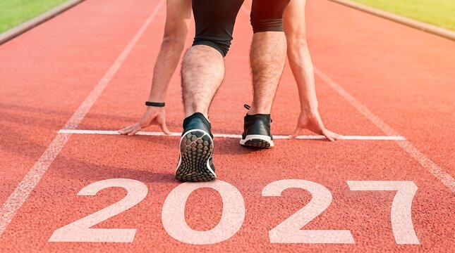 Athlete in starting position on red running track with 2027 year digits for future sports goals and competition success.