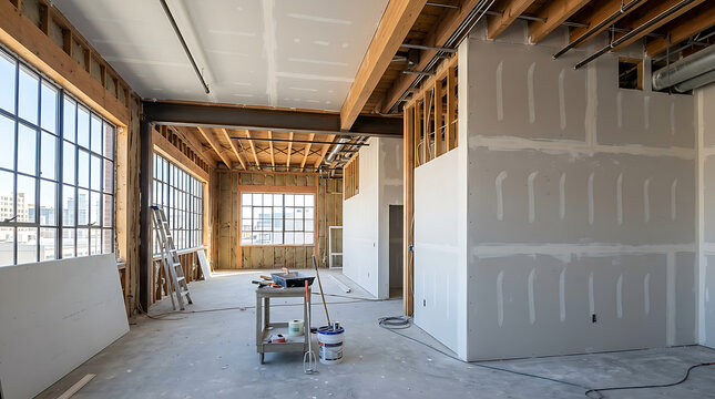 Modern Empty Room Under Construction With Drywall.