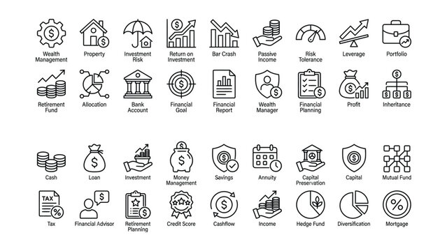 Collection of financial management and investment icons with transparent backgrounds