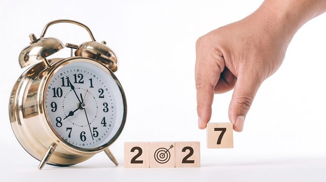 Hand placing wooden block with number seven next to blocks forming 202 with target icon, alongside vintage alarm clock.
