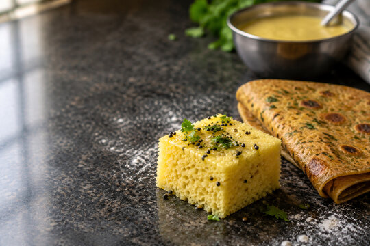 Steamed dhokla square and folded thepla flatbread on dark granite with steel bowl of batter, Indian cooking concept