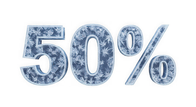Fifty percent percentage symbol crafted with frosty blue floral pattern texture isolated on pure transparent surface.