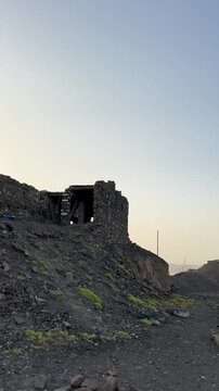 Scenic view of ancient stone ruins of Al Fath Mosque overlooking Medina.