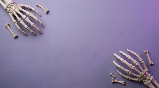 Spooky halloween background featuring realistic 3d rendered skeleton hands on a gradient purple surface perfect for seasonal designs