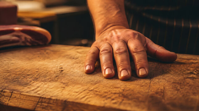 Butchers Hand Resting on Wooden Cutting Board Next to Meat