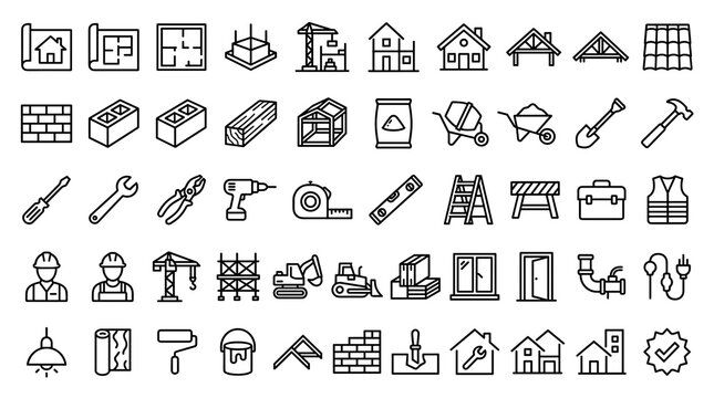 50 Minimalist House Construction Editable Line Icons Featuring Building Tools, Blueprints, Architecture, Materials and Residential Development