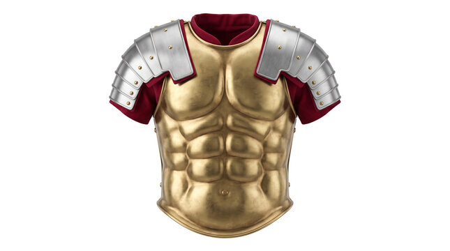 Ancient roman gladiator body armor with golden breastplate and steel pauldrons on red tunic isolated on transparent background.