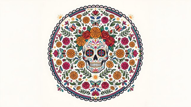 D&iacute;a de los Muertos Floral Skull Pattern &mdash; Mexican Folk Vector Art