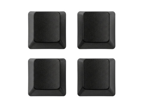 Four blank black mechanical keyboard keycaps isolated on transparent background for custom computer accessories and tech websites.