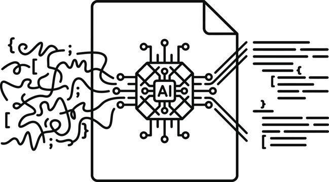 Artificial Intelligence processing complex data into structured clean code.