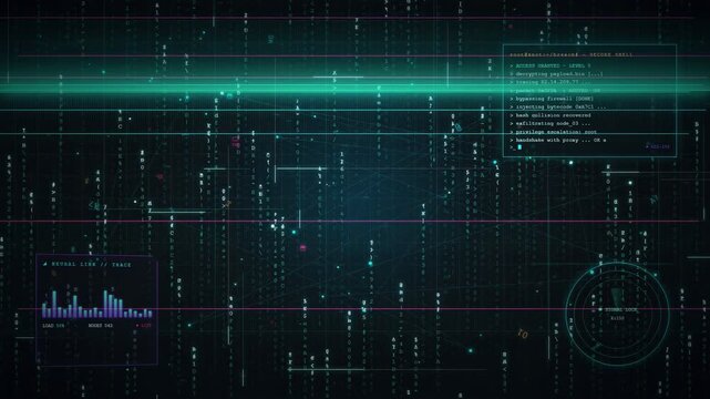 Abstract digital data stream with flowing binary code and futuristic hud interface elements on black background