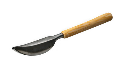 Fototapeta premium Trowel with a wooden handle rests horizontally on a clean transparent surface with studio lighting.