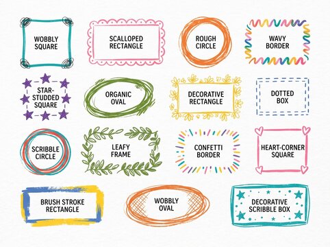 Set of hand-drawn doodle frames, borders, and shapes. Colorful sketchy squares, circles, ovals, and rectangles with decorative elements like leaves, stars, hearts, and confetti for design pr
