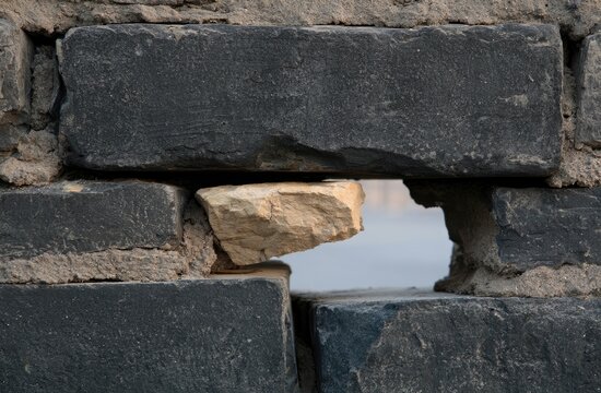 Dark gray brick wall with a lighter stone wedged in a gap