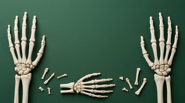 A spooky halloween scene featuring realistic 3d rendered skeleton hands on a dark green background for festive designs