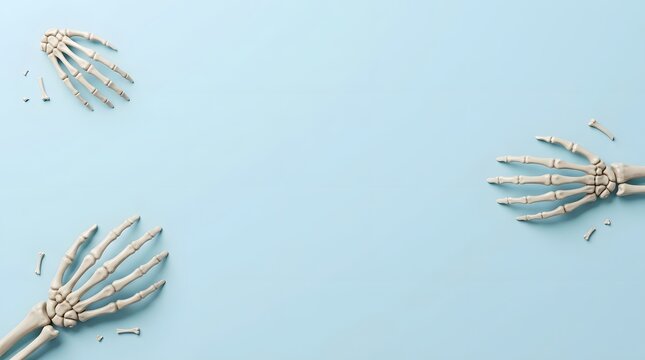 Spooky halloween scene featuring realistic 3d rendered skeleton hands against a light blue background for festive decorations and designs