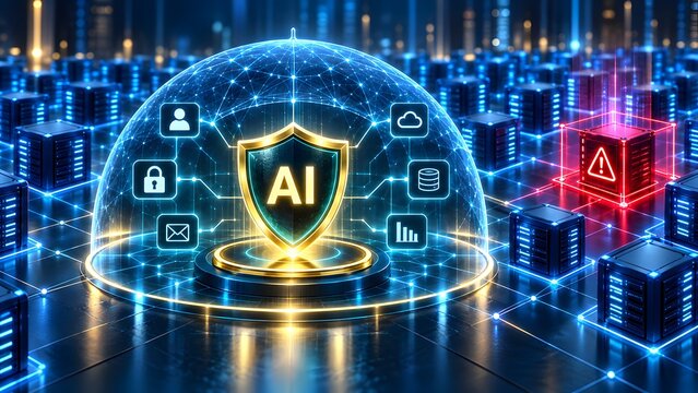 Glowing artificial intelligence shield protecting a digital data center dome representing automated cybersecurity and advanced threat detection