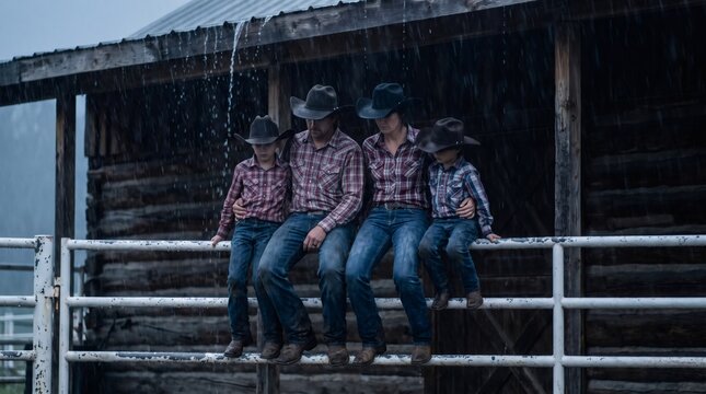American cowboy family sitting close together on corral fence during heavy summer rainfall