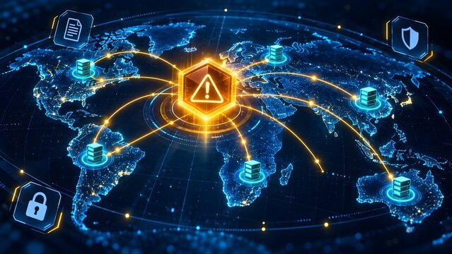 Glowing digital global network map highlighting a central orange warning alert among connected server nodes representing worldwide cyber threat detection and international data security