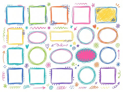 Set of colorful hand-drawn doodle frames, borders, and elements on white background
