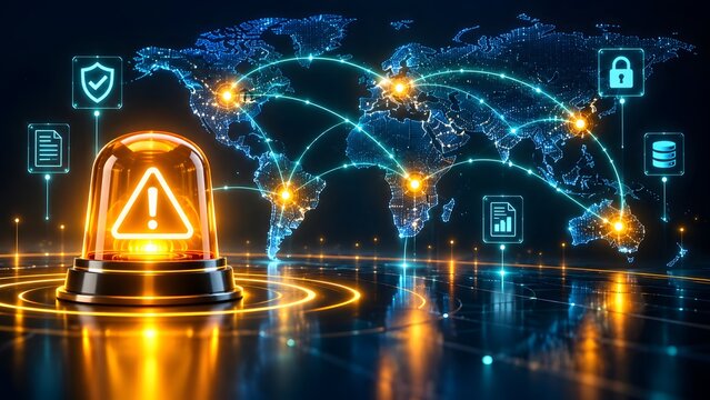 Glowing orange warning beacon on a digital global network map representing worldwide cybersecurity threat and international data breach alert