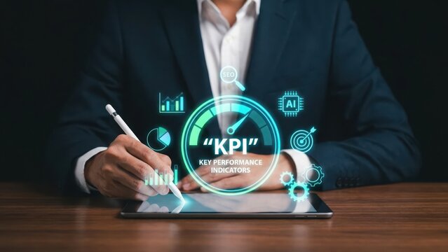 Businessman using digital tablet with glowing kpi key performance indicator data analytics interface for corporate business strategy growth
