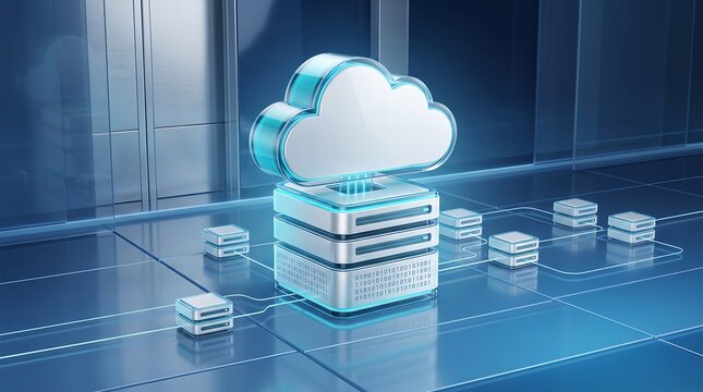 Digital cloud icon floating above a server rack with binary data streams and glowing blue circuit connections in a high tech server room environment for cloud computing visualization