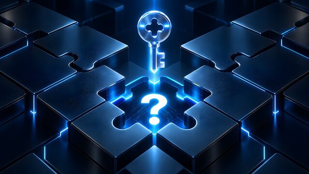 Glowing blue key hovering over a missing puzzle piece with a question mark representing strategic problem solving and discovering business solutions